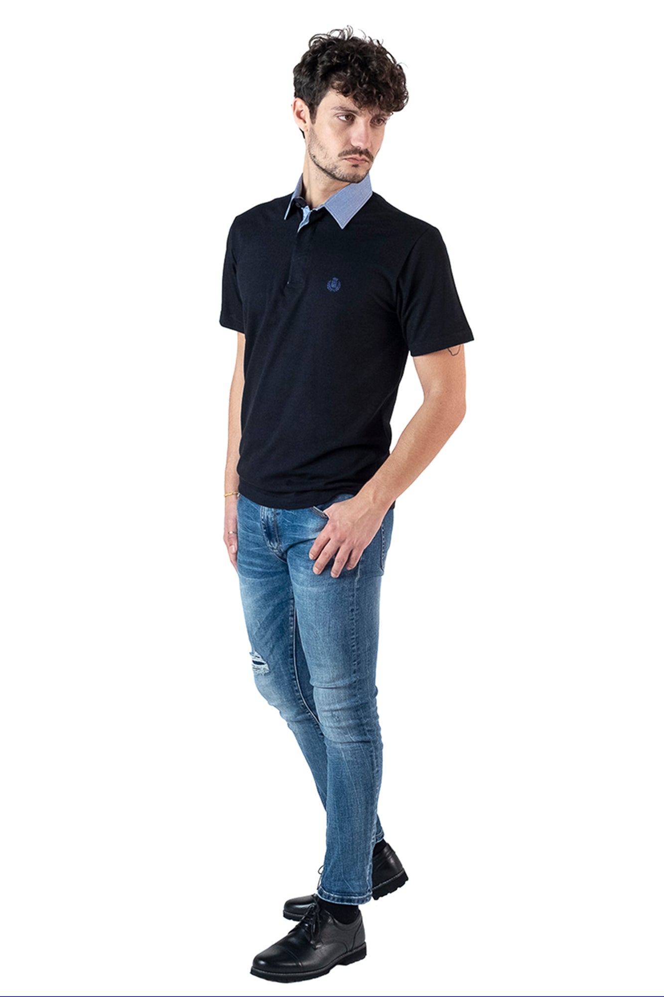 POLO Piquet Blu Navy collo a righe bianche e blu